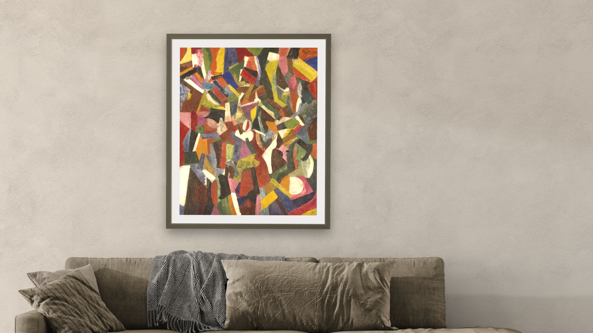 Composition VI by Patrick Henry Bruce, shown at 32 × 40 in (81.3 × 101.6 cm) in Ramino Satin Black, living