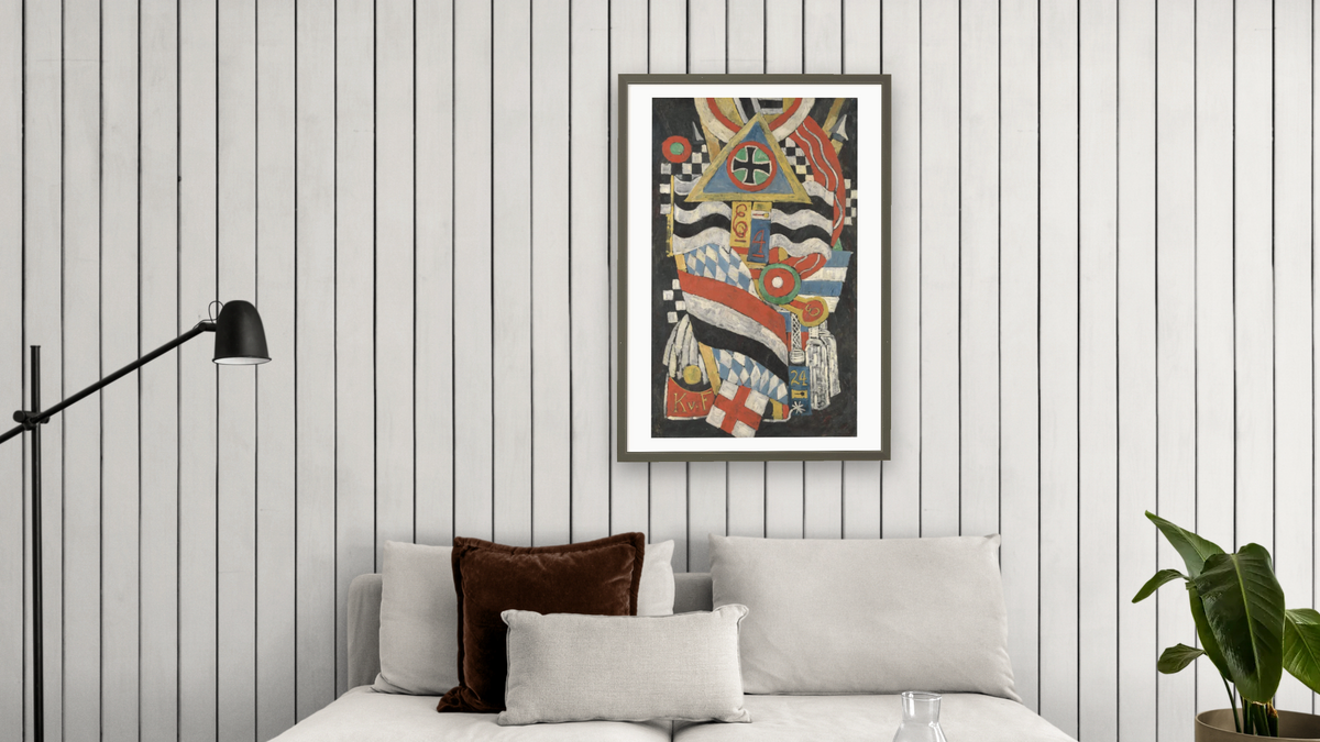 Portrait of a German Officer by Marsden Hartley, shown at 28 × 42 in (71.1 × 106.7 cm) in Ramino Satin Black, living