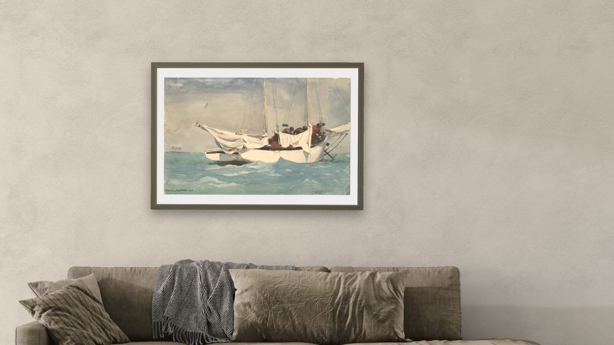 Key West, Hauling Anchor by Winslow Homer, shown at 28 × 42 in (71.1 × 106.7 cm) in Ramino Satin Black, living