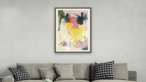 A Fleeting Moment by Katherine Bello, shown at 28 × 42 in (71.1 × 106.7 cm) in Ramino Satin Black, living [arteriel-render:v6:room_a:28x42@50,37]