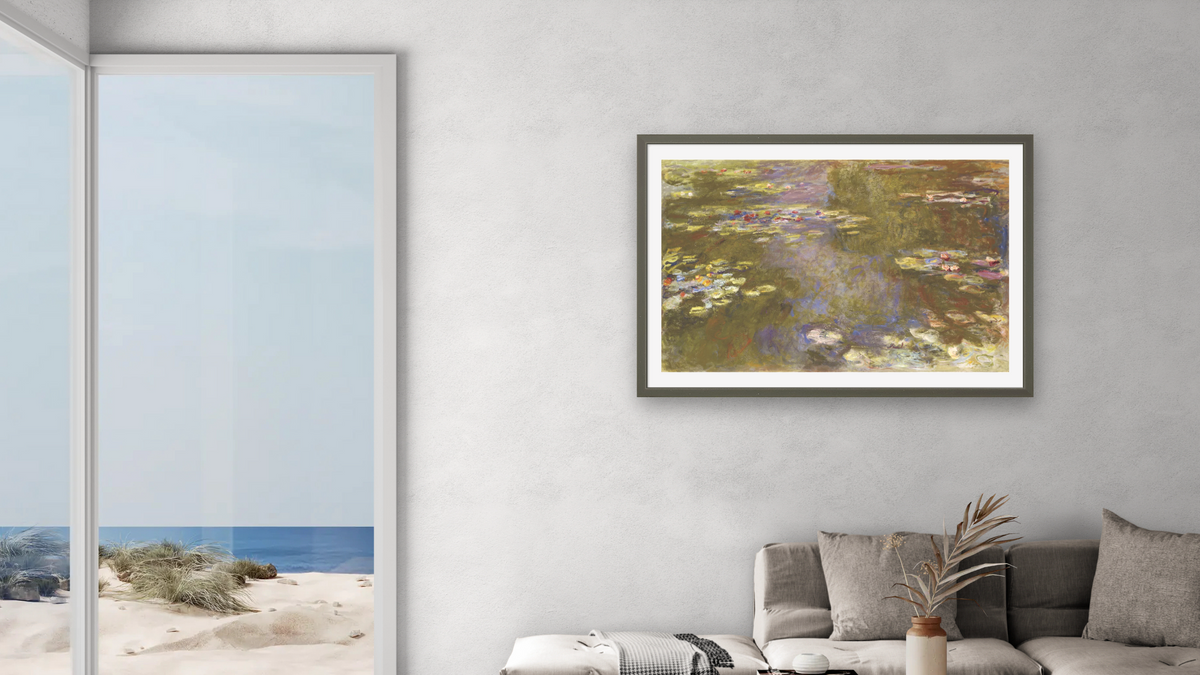 Water Lily Pond by Claude Monet, shown at 28 × 42 in (71.1 × 106.7 cm) in Ramino Satin Black, living