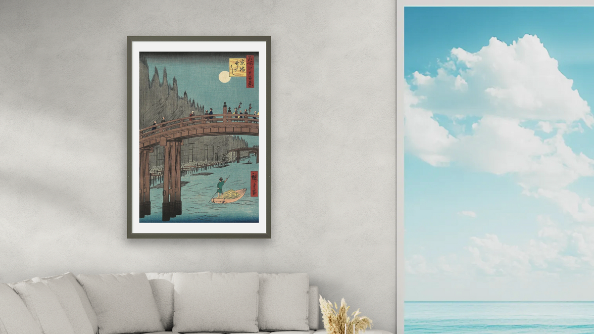 Bamboo Yards, Kyobashi Bridge by Utagawa Hiroshige, shown at 28 × 42 in (71.1 × 106.7 cm) in Ramino Satin Black, living