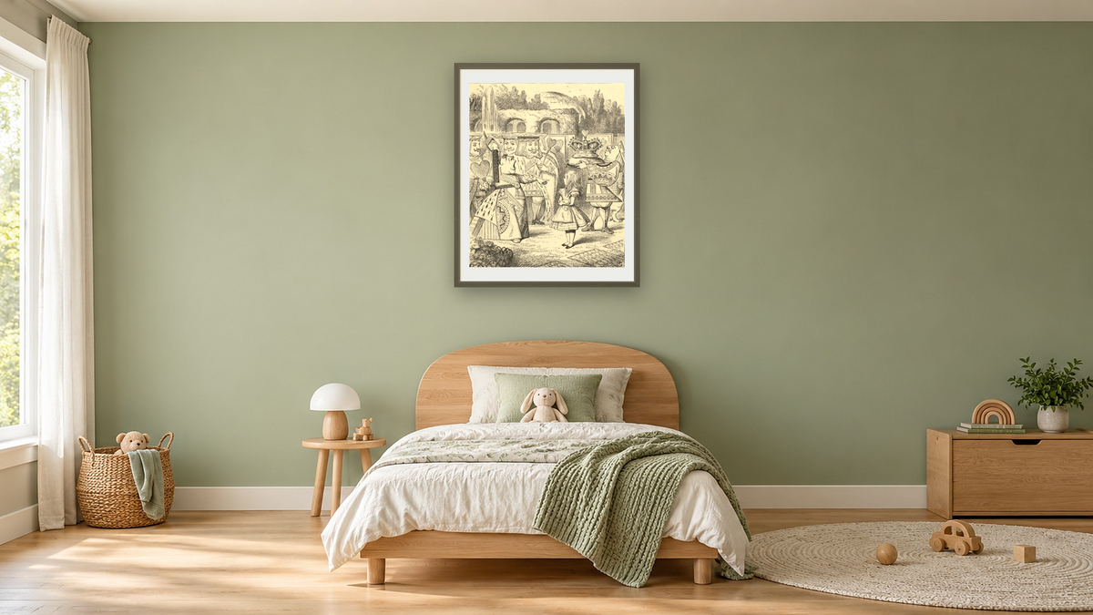 Off with her head, from 'Alice's Adventures in Wonderland' by Lewis Carroll by John Tenniel, shown at 32 × 40 in (81.3 × 101.6 cm) in Ramino Satin Black, kids' room