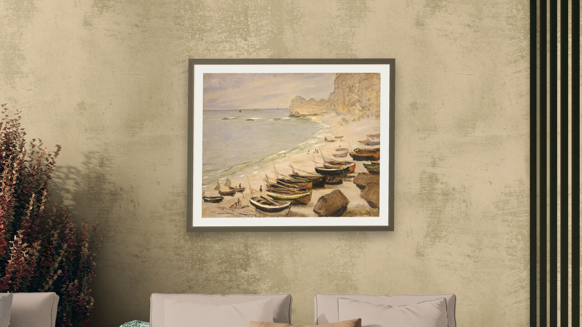 Boat on the Beach at Etretat by Claude Monet, shown at 32 × 40 in (81.3 × 101.6 cm) in Ramino Satin Black, living