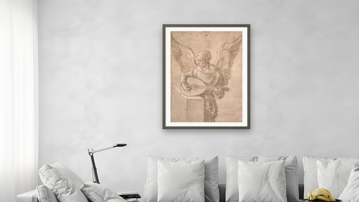 Angel playing a lute, by Albrecht Dürer, shown at 30 × 40 in (76.2 × 101.6 cm) in Ramino Satin Black, living