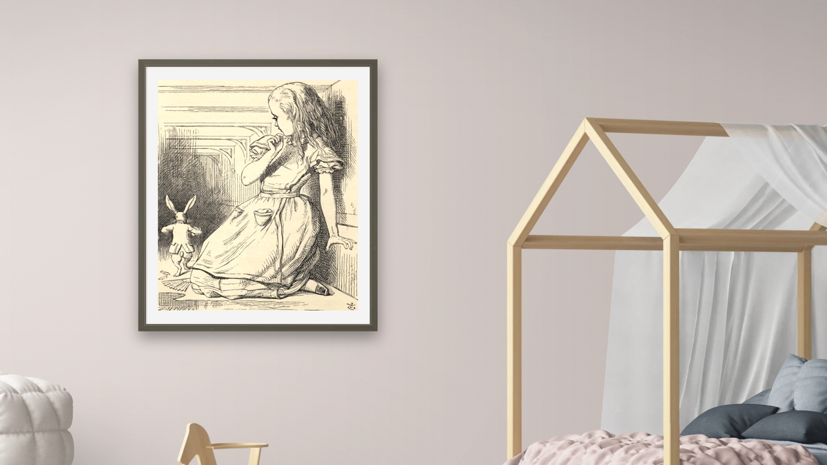 The White Rabbit is late, from 'Alice's Adventures in Wonderland' by Lewis Carroll by John Tenniel, shown at 32 × 40 in (81.3 × 101.6 cm) in Ramino Satin Black, bedroom