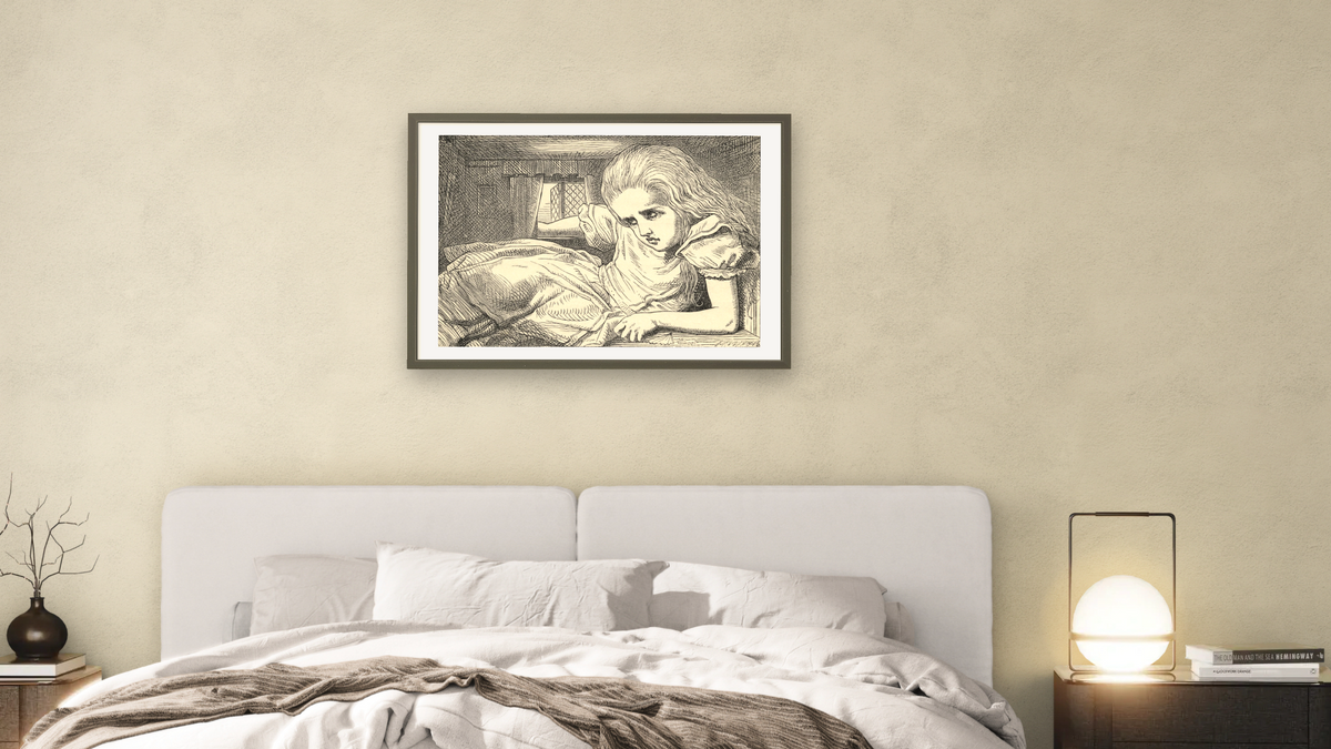 Alice grows too tall for the room, from 'Alice's Adventures in Wonderland' by Lewis Carroll by John Tenniel, shown at 28 × 42 in (71.1 × 106.7 cm) in Ramino Satin Black, bedroom