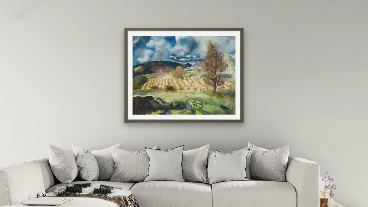 Cornfield and Harvest by George Wesley Bellows, shown at 32 × 40 in (81.3 × 101.6 cm) in Ramino Satin Black, living