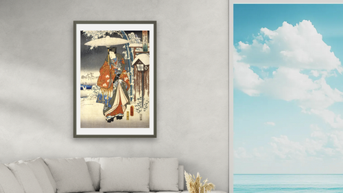 A modern version of the Tale of Genji in snow scenes by Toyokuni Utagawa, shown at 28 × 42 in (71.1 × 106.7 cm) in Ramino Satin Black, living [arteriel-render:v6:room_a:28x42@34,41]