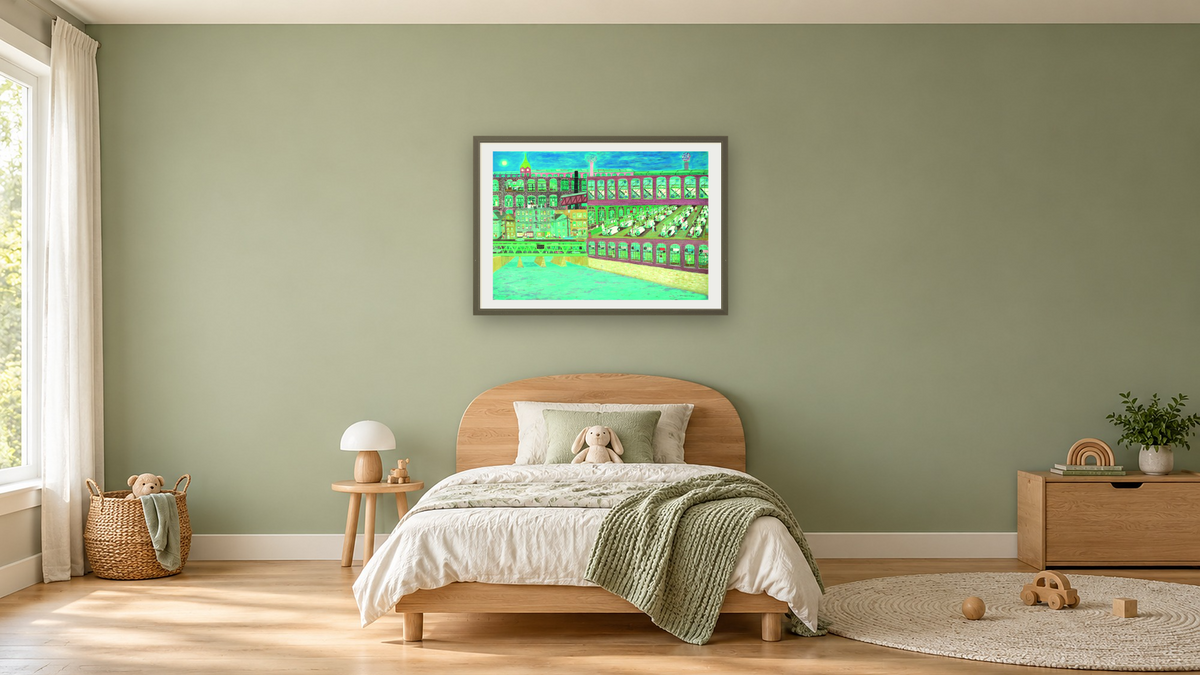 Mill Town - Weaving Department by Ralph Fasanella, shown at 28 × 42 in (71.1 × 106.7 cm) in Ramino Satin Black, kids' room