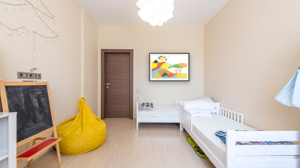 Matthew's Dream VII by Leo Lionni, shown at 28 × 42 in (71.1 × 106.7 cm) in Ramino Satin Black, kids' room