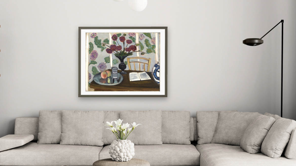Still Life, Bouquet of Dahlias & White Book by Henri Matisse, shown at 32 × 40 in (81.3 × 101.6 cm) in Ramino Satin Black, living
