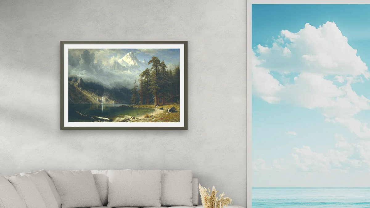 Mount Corcoran by Albert Bierstadt, shown at 28 × 42 in (71.1 × 106.7 cm) in Ramino Satin Black, living