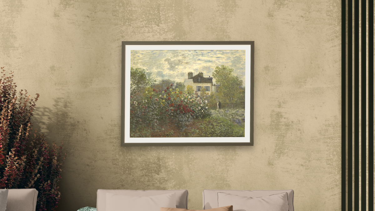 The Artist's Garden in Argenteuil (A Corner of the Garden with Dahlias) by Claude Monet, shown at 30 × 40 in (76.2 × 101.6 cm) in Ramino Satin Black, living