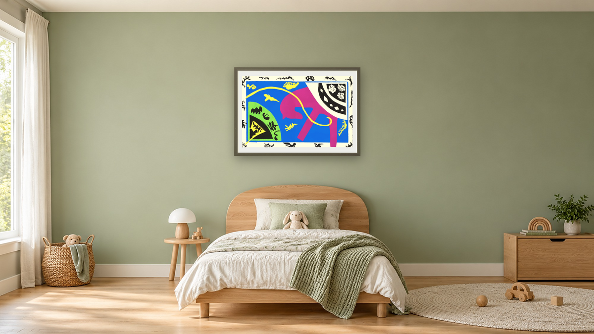 Horse, Rider, and Clown, plate V from the illustrated book “Jazz, 1947” by Henri Matisse, shown at 28 × 42 in (71.1 × 106.7 cm) in Ramino Satin Black, kids' room