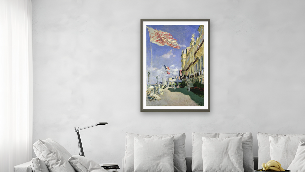 The Hotel des Roches Noires at Trouville by Claude Monet, shown at 28 × 42 in (71.1 × 106.7 cm) in Ramino Satin Black, living