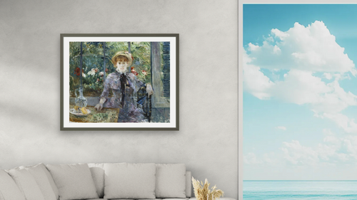 After Lunch by Berthe Morisot, shown at 32 × 40 in (81.3 × 101.6 cm) in Ramino Satin Black, living [arteriel-render:v6:room_a:32x40@34,41]