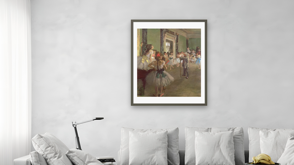The Dancing Class by Edgar Degas, shown at 32 × 40 in (81.3 × 101.6 cm) in Ramino Satin Black, living