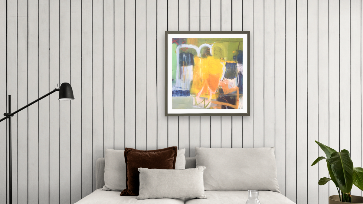 Summer By the Pool by Katherine Bello, shown at 32 × 32 in (81.3 × 81.3 cm) in Ramino Satin Black, living
