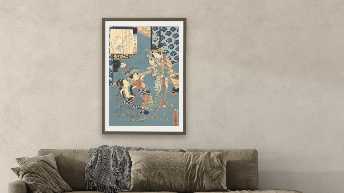 Tale of the Courtesan Kokonoe by Utagawa Toyokuni, shown at 28 × 42 in (71.1 × 106.7 cm) in Ramino Satin Black, living
