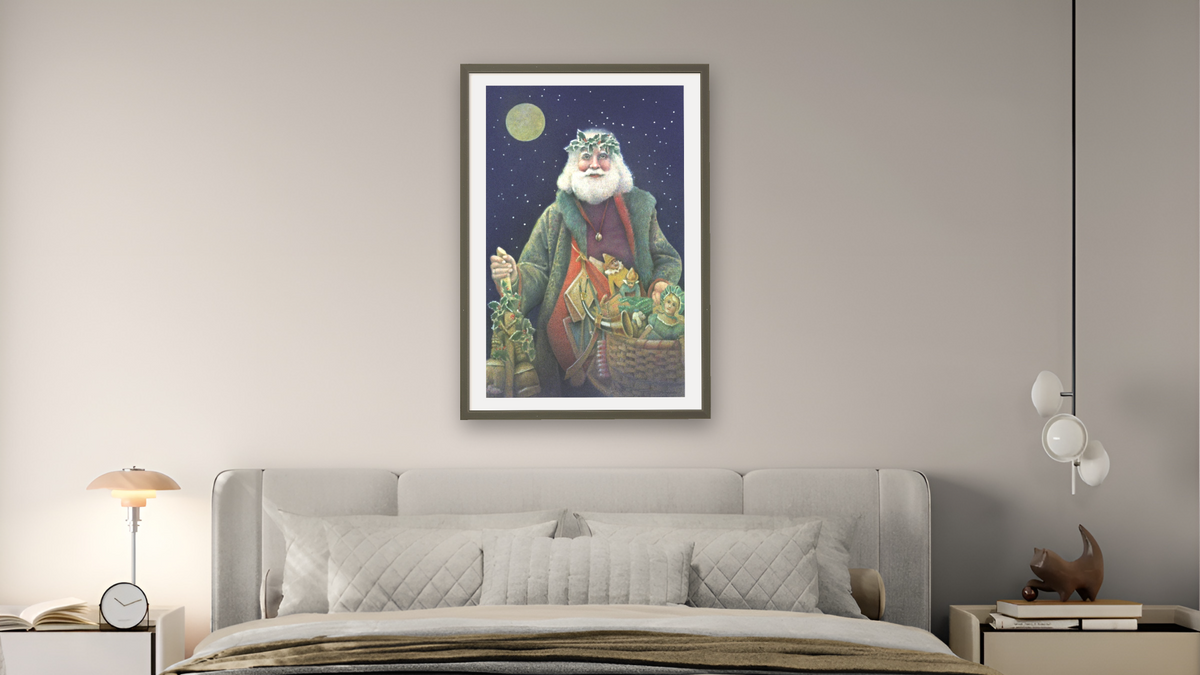 Father Christmas by Kirsten Söderlind, shown at 28 × 42 in (71.1 × 106.7 cm) in Ramino Satin Black, bedroom