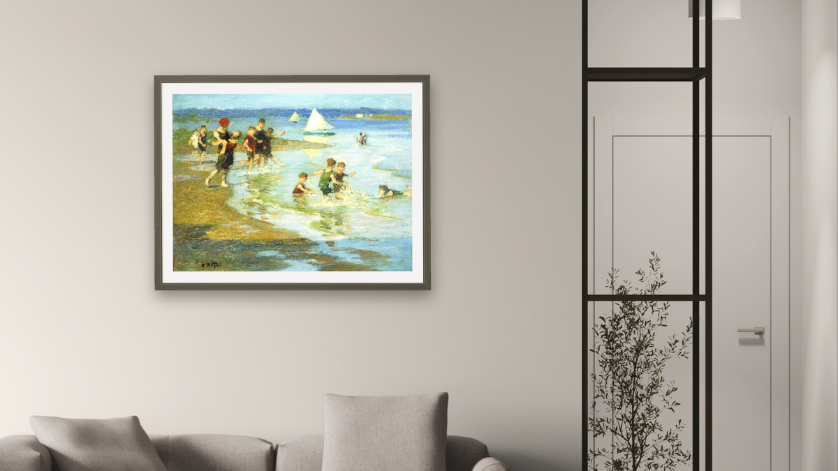 Children at Play on the Beach by Edward Henry Potthast, shown at 30 × 40 in (76.2 × 101.6 cm) in Ramino Satin Black, living