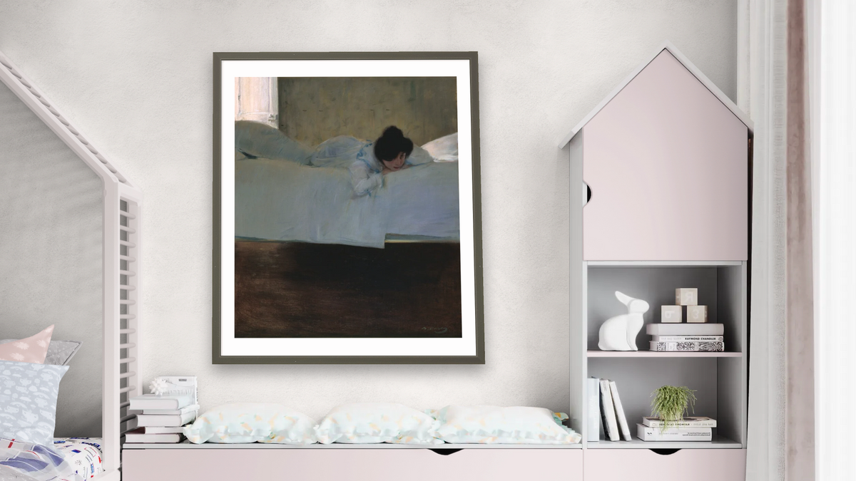 La mandra by Ramón Casas, shown at 32 × 40 in (81.3 × 101.6 cm) in Ramino Satin Black, bedroom