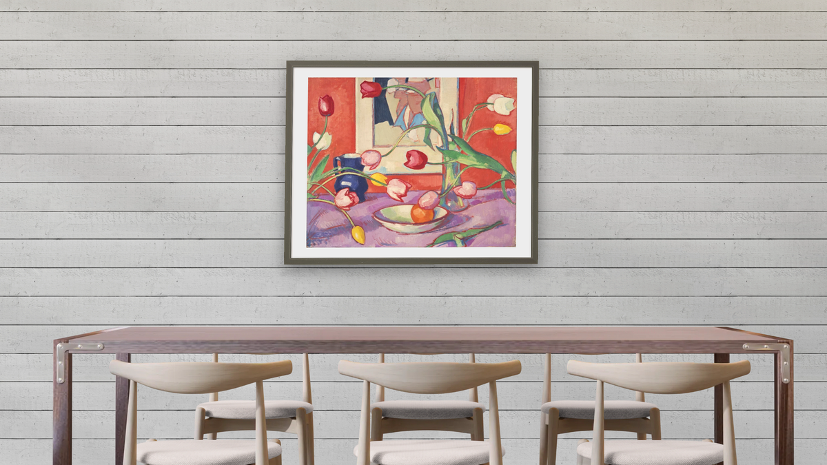 Tulips - The Blue Jug by Samuel John Peploe, shown at 32 × 40 in (81.3 × 101.6 cm) in Ramino Satin Black, dining