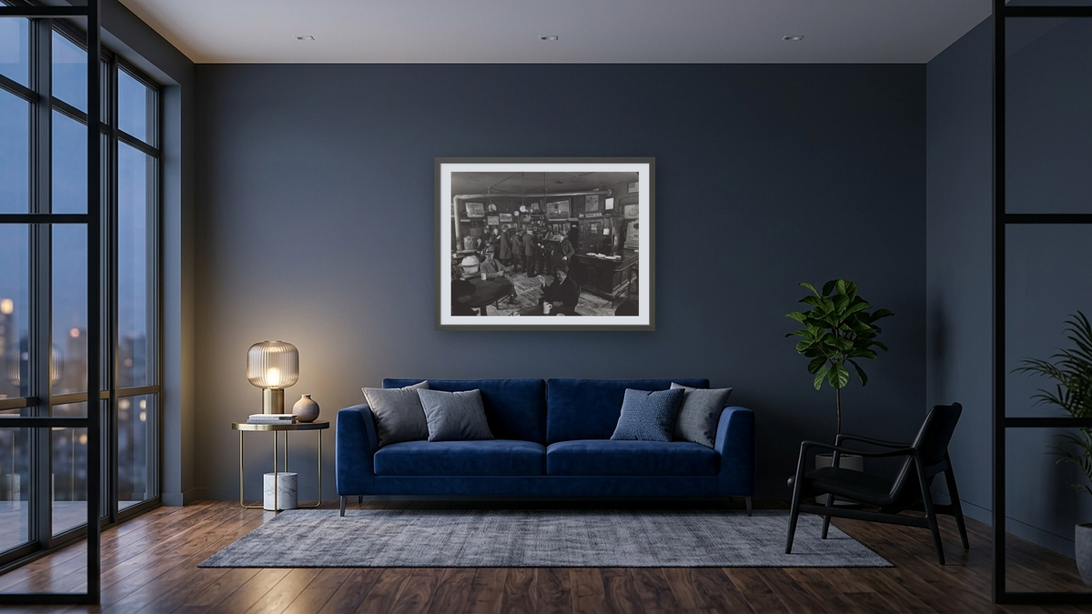McSorley's Ale House, 15 East 7th Street, Manhattan by Berenice Abbott, shown at 30 × 40 in (76.2 × 101.6 cm) in Ramino Satin Black, den