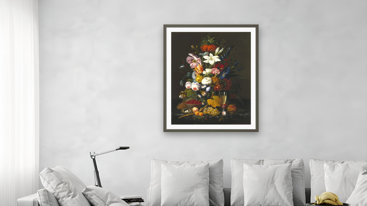 Victorian Bouquet by Severin Roesen, shown at 32 × 40 in (81.3 × 101.6 cm) in Ramino Satin Black, living