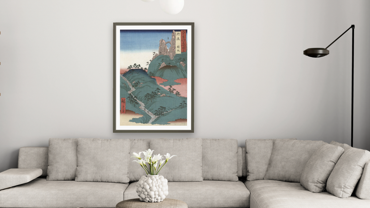 Kanesaka of Tanba by Ando Hiroshige II, shown at 28 × 42 in (71.1 × 106.7 cm) in Ramino Satin Black, living