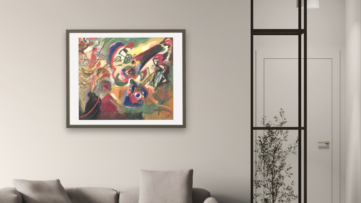 Fragment 2 for Composition VII, shown at 32 × 40 in (81.3 × 101.6 cm) in Ramino Satin Black, living