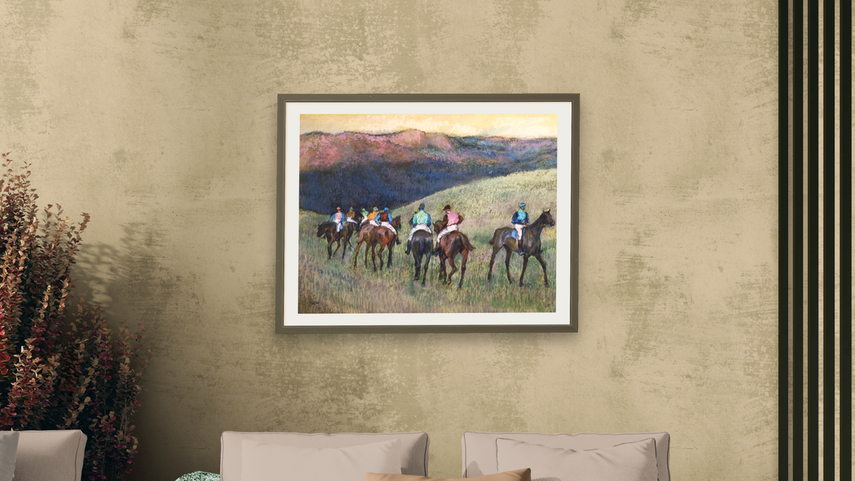 Racehorses in a Landscape by Edgar Degas, shown at 30 × 40 in (76.2 × 101.6 cm) in Ramino Satin Black, living