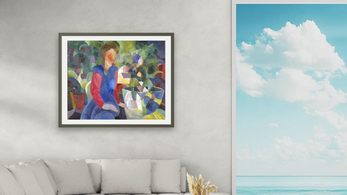 Woman with Fishbowl (Gemalde Madchen mit Fischglas) by August Macke, shown at 32 × 40 in (81.3 × 101.6 cm) in Ramino Satin Black, living