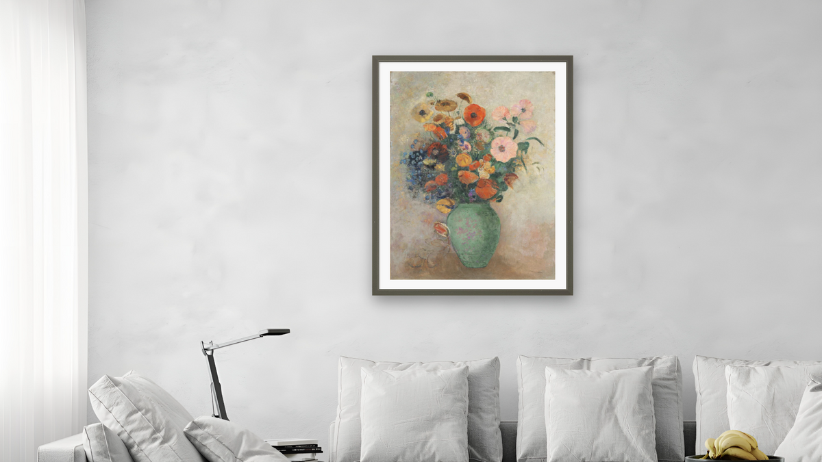Bouquet of Flowers in a Green Vase by Odilon Redon, shown at 30 × 40 in (76.2 × 101.6 cm) in Ramino Satin Black, living