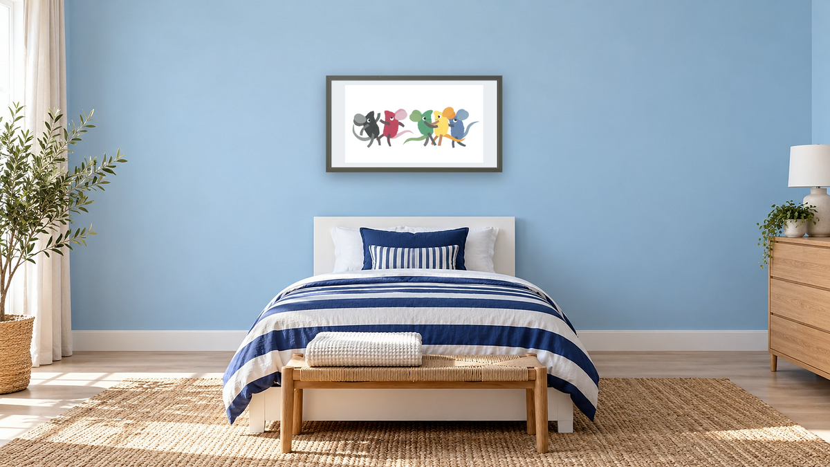 Colors, Numbers, Letters II by Leo Lionni, shown at 20 × 40 in (50.8 × 101.6 cm) in Ramino Satin Black, kids' room