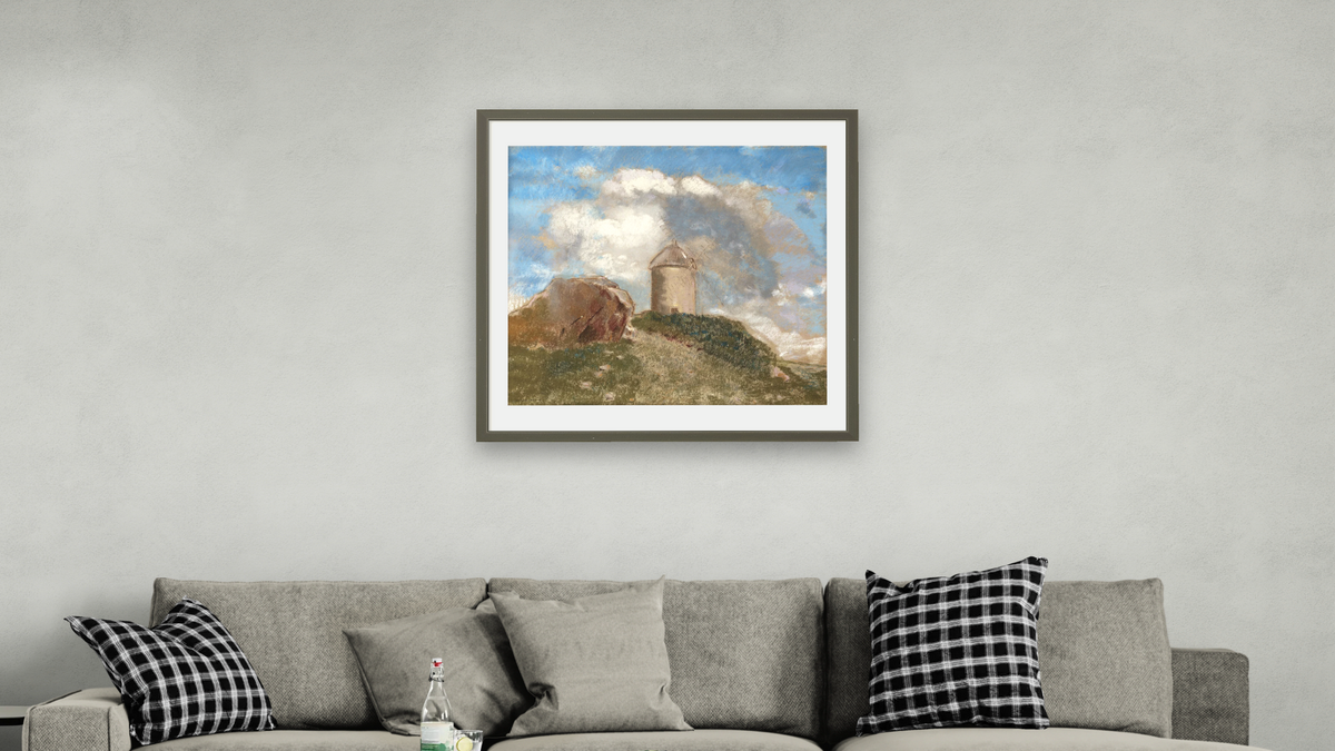 The Windmill by Odilon Redon, shown at 32 × 32 in (81.3 × 81.3 cm) in Ramino Satin Black, living