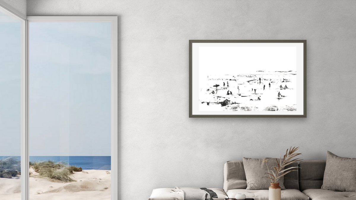 Beach People by Dan Hobday, shown at 28 × 42 in (71.1 × 106.7 cm) in Ramino Satin Black, living