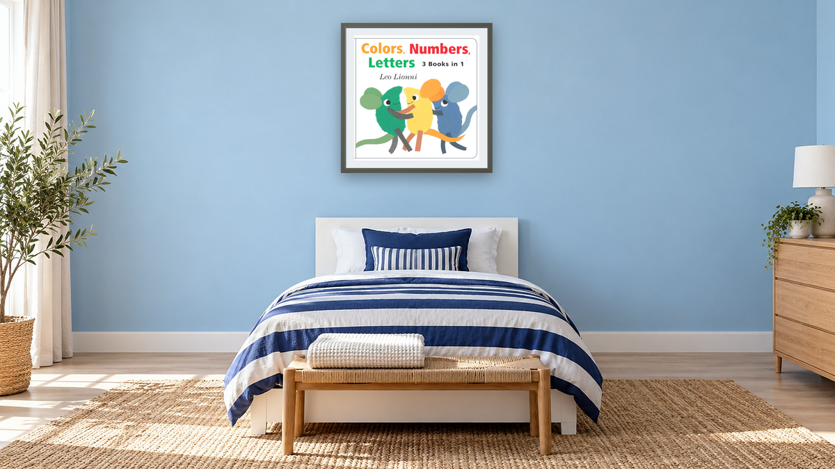 Colors, Numbers, Letters (cover) by Leo Lionni, shown at 32 × 32 in (81.3 × 81.3 cm) in Ramino Satin Black, kids' room