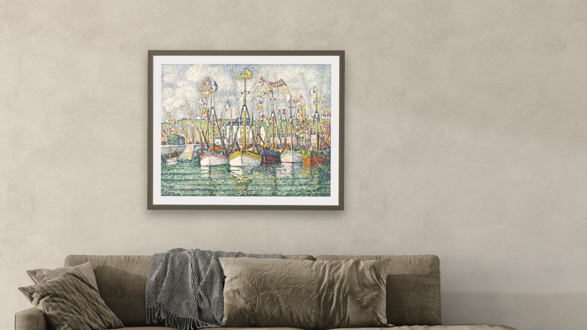 Blessing of the Tuna Fleet at Groix by Paul Signac, shown at 32 × 40 in (81.3 × 101.6 cm) in Ramino Satin Black, living