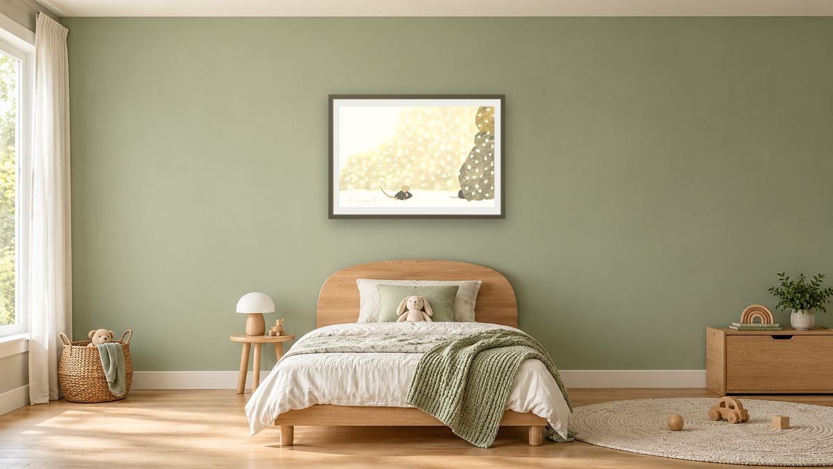 Frederick VI by Leo Lionni, shown at 28 × 42 in (71.1 × 106.7 cm) in Ramino Satin Black, kids' room