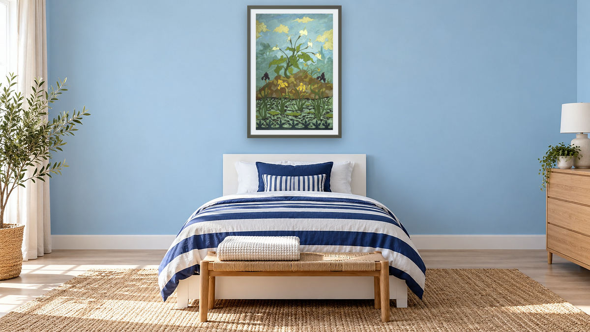 Lilies, Purple and Yellow Irises by Paul Elie Ranson, shown at 28 × 42 in (71.1 × 106.7 cm) in Ramino Satin Black, kids' room
