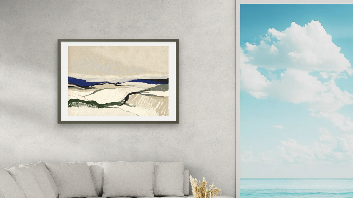 Beach Track by Dan Hobday, shown at 28 × 42 in (71.1 × 106.7 cm) in Ramino Satin Black, living