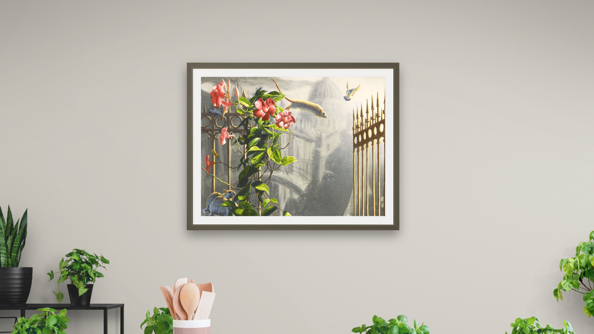 wallace line batch by Alexis Rockman, shown at 30 × 40 in (76.2 × 101.6 cm) in Ramino Satin Black, dining