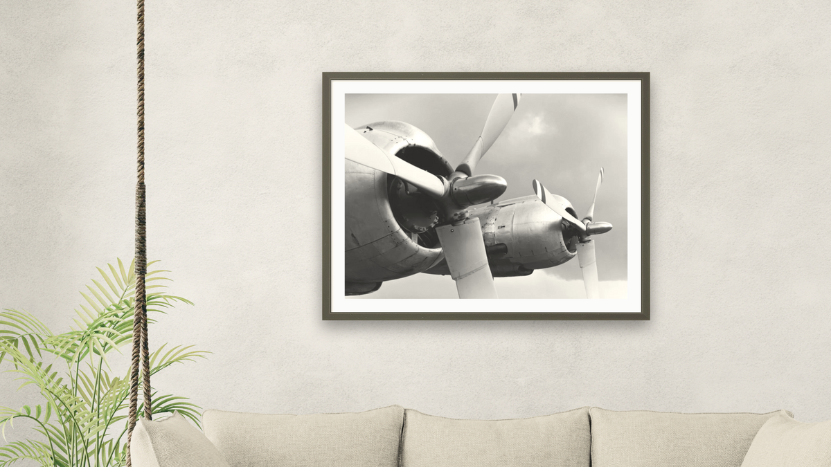 Constellation Props & Nacelles from the Vintage Aircraft Series by Gordon Osmundson, shown at 32 × 40 in (81.3 × 101.6 cm) in Ramino Satin Black, living