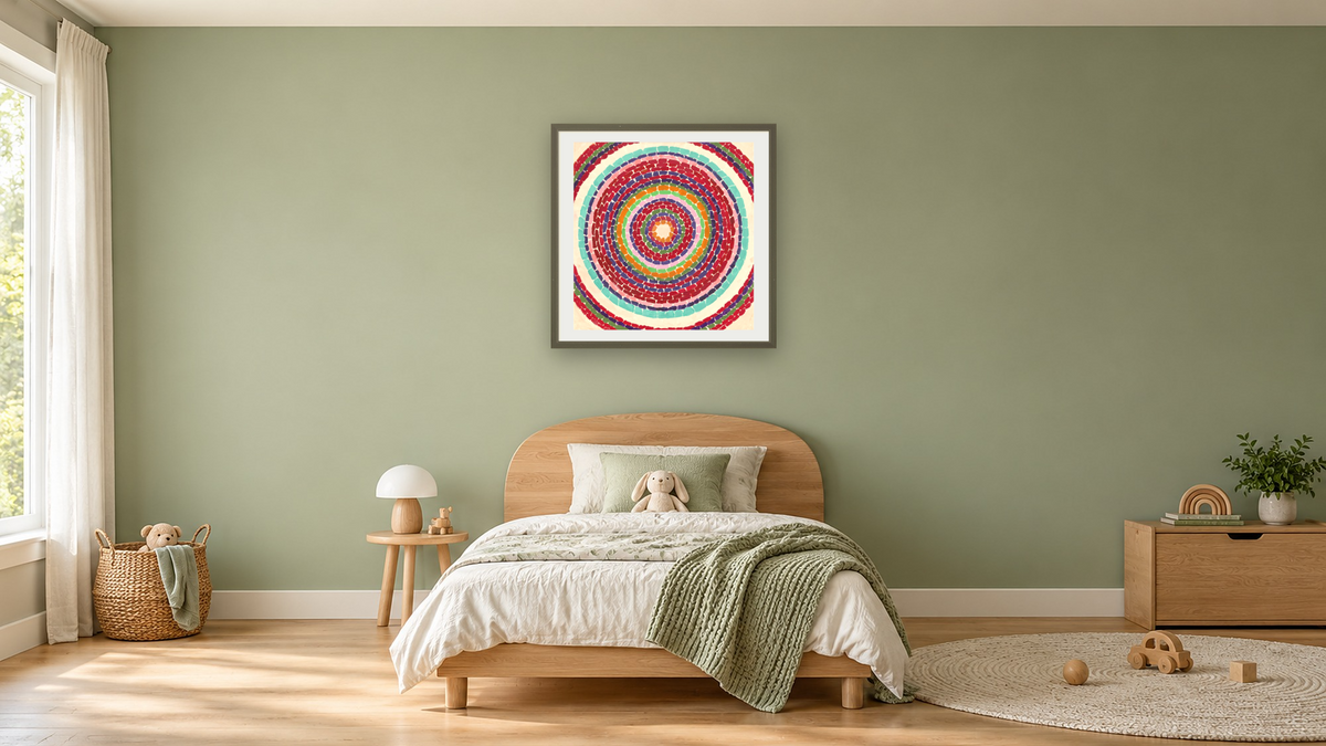 Pansies in Washington by Alma Thomas, shown at 32 × 32 in (81.3 × 81.3 cm) in Ramino Satin Black, kids' room