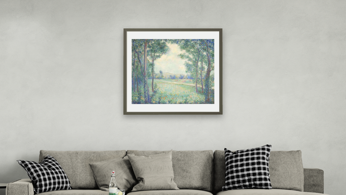 On the Way to Limetz, Giverny (La Chaussee de Limetz) by Theodore Earl Butler, shown at 32 × 32 in (81.3 × 81.3 cm) in Ramino Satin Black, living