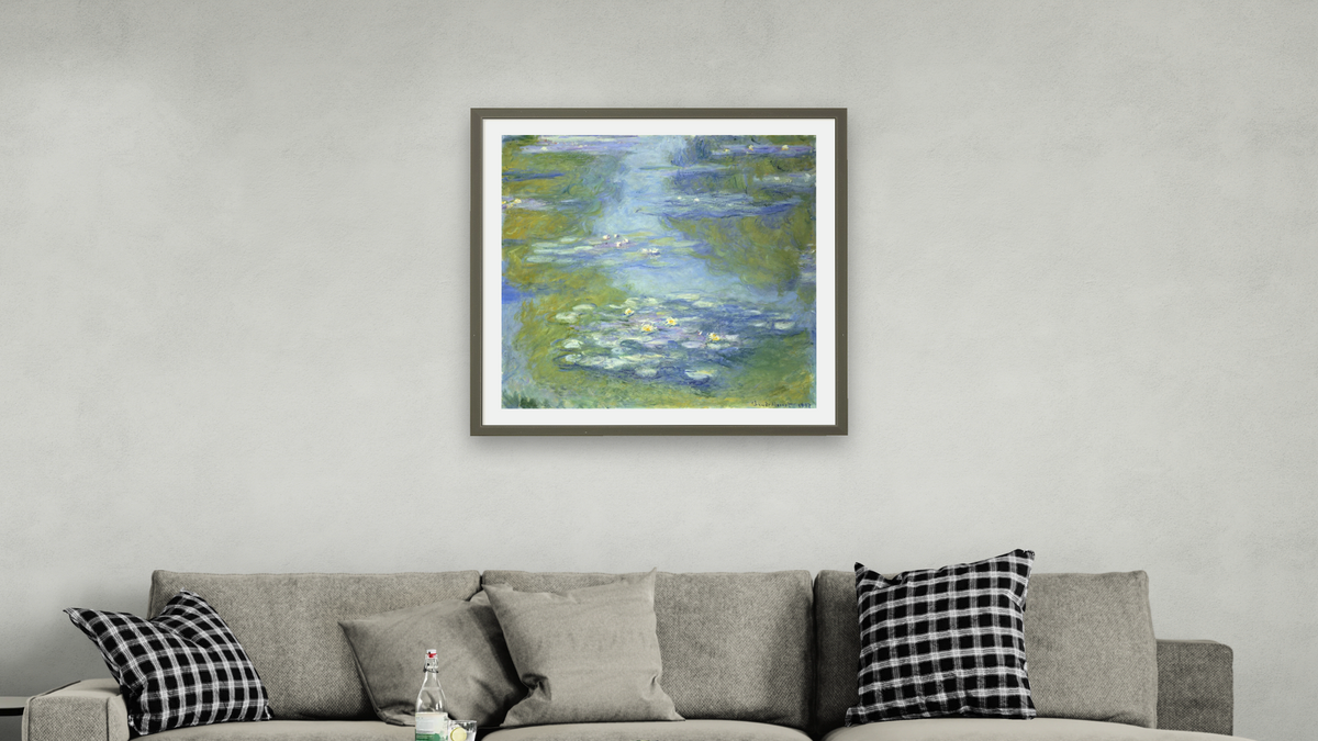 Water Lilies by Claude Monet, shown at 32 × 32 in (81.3 × 81.3 cm) in Ramino Satin Black, living