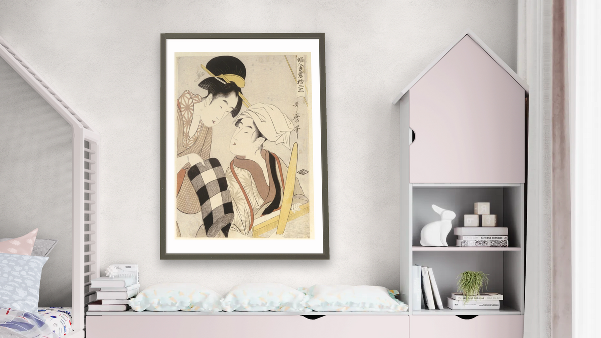 A half-length portrait of two women, one seated at a loom and the other showing a roll of black and white checkered cloth by Kitagawa Utamaro, shown at 28 × 42 in (71.1 × 106.7 cm) in Ramino Satin Black, bedroom