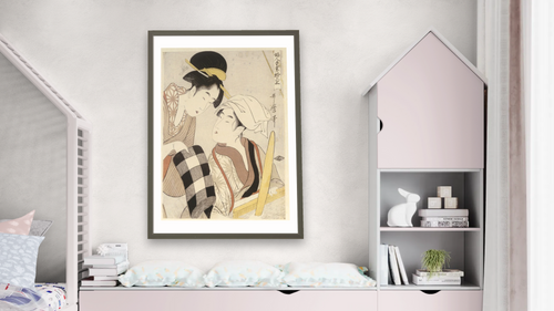 A half-length portrait of two women, one seated at a loom and the other showing a roll of black and white checkered cloth by Kitagawa Utamaro, shown at 28 × 42 in (71.1 × 106.7 cm) in Ramino Satin Black, bedroom [arteriel-render:v6:room_a:28x42@41,43]
